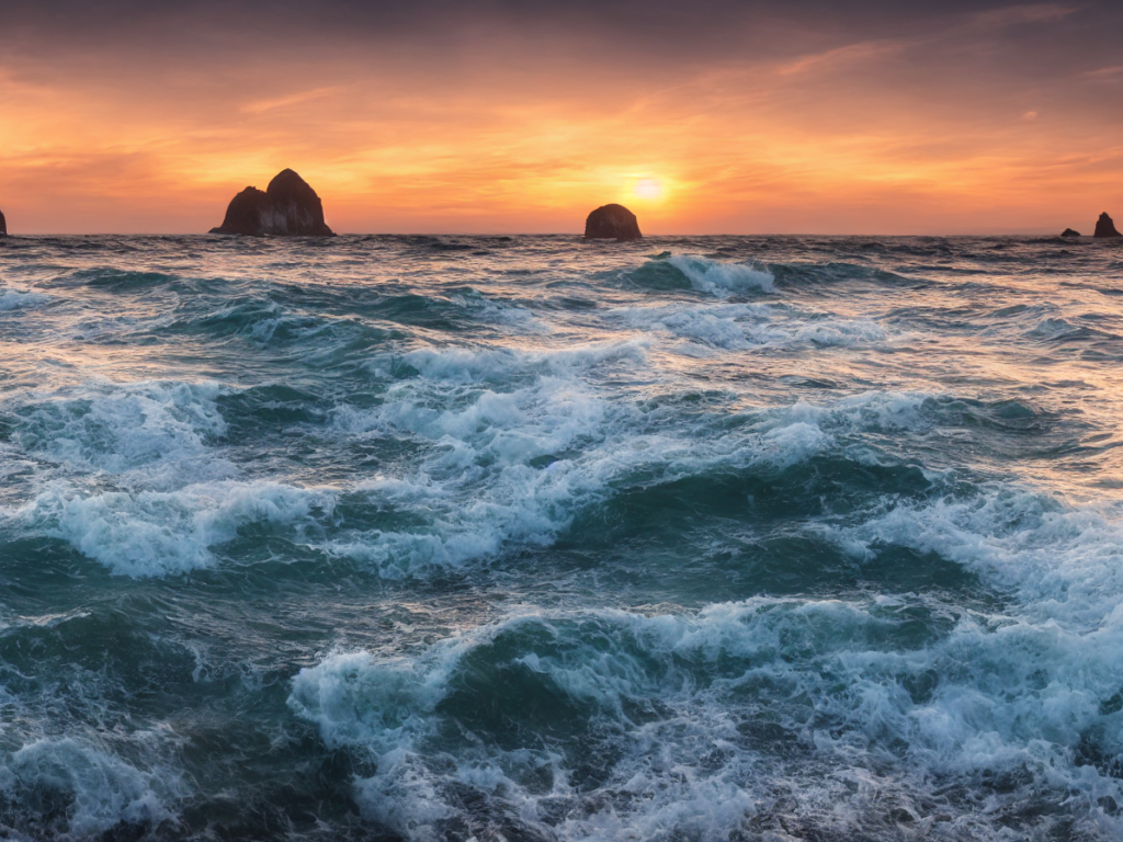 Landscape, Seascape, Waves, Sea stacks, Sunset, Ultra realistic, 8k, Photorealistic, Sharp, Authentic, Real Photo