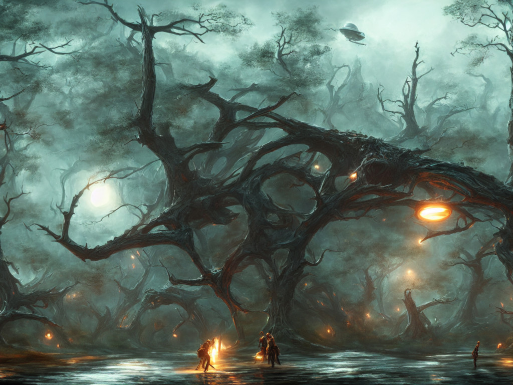 Alien spaceship saucer flying, abducting a human in the forest at night,((intricate lights and design)), art by midjourney
