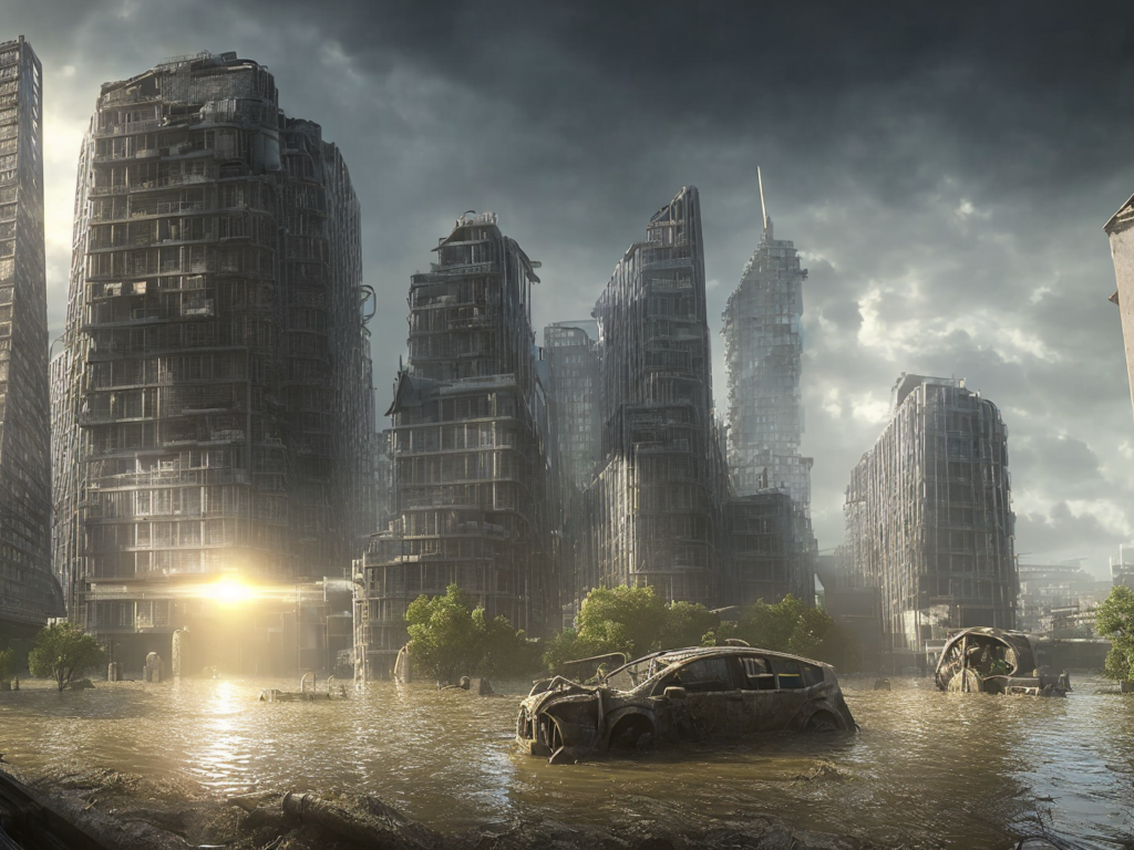 A Hyperrealistic photograph of ancient Tokyo_London_Paris architectural ruins in a flooded apocalypse landscape of dead skyscrap