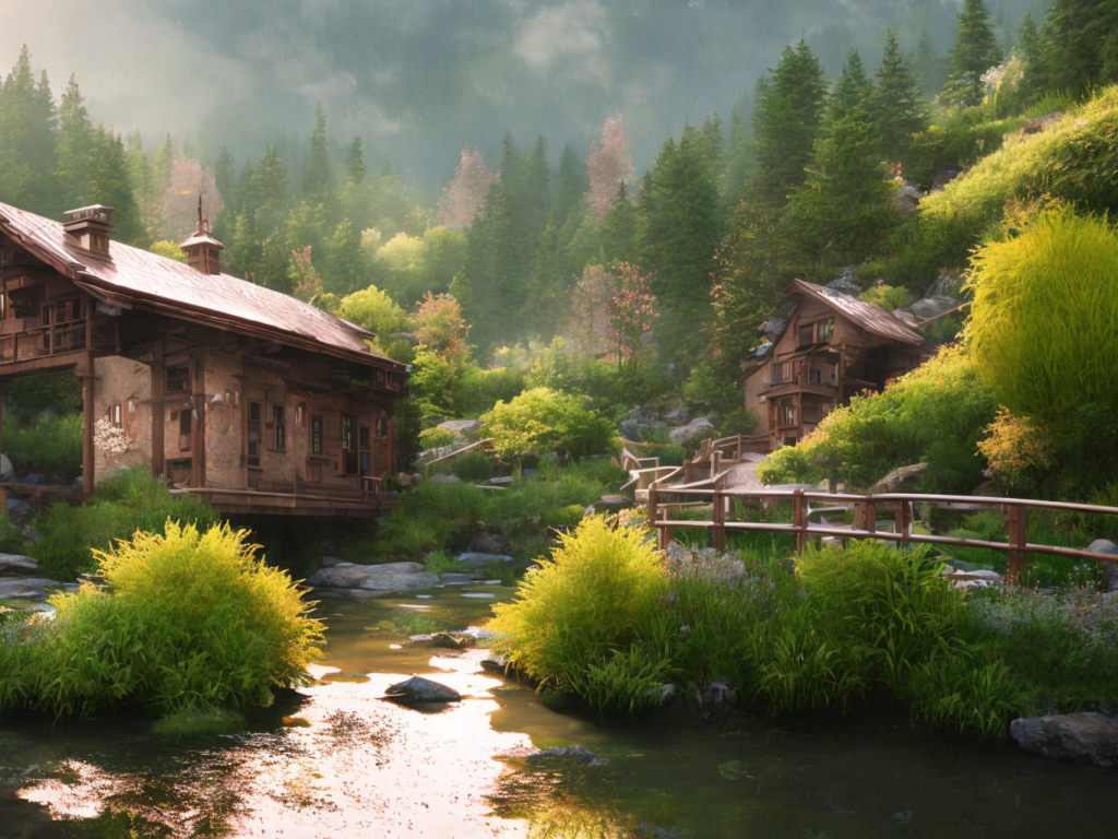 Swiss mountain village, ornate, beautiful, atmosphere, vibe, mist, smoke, chimney, rain, reflection, pristine, puddles