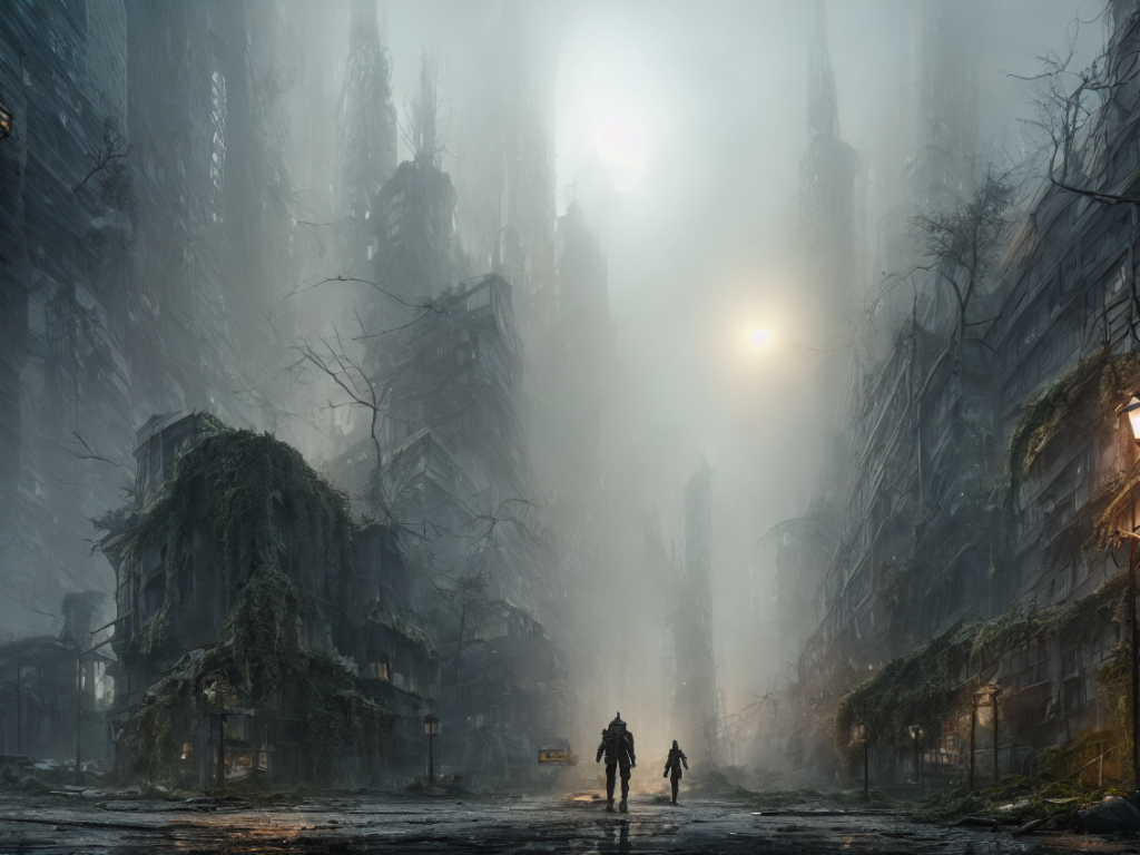 Postapocalyptic city in fog, birds, overgrown with plant life and ivy, hyperrealism!, insanely detailed, artgerm