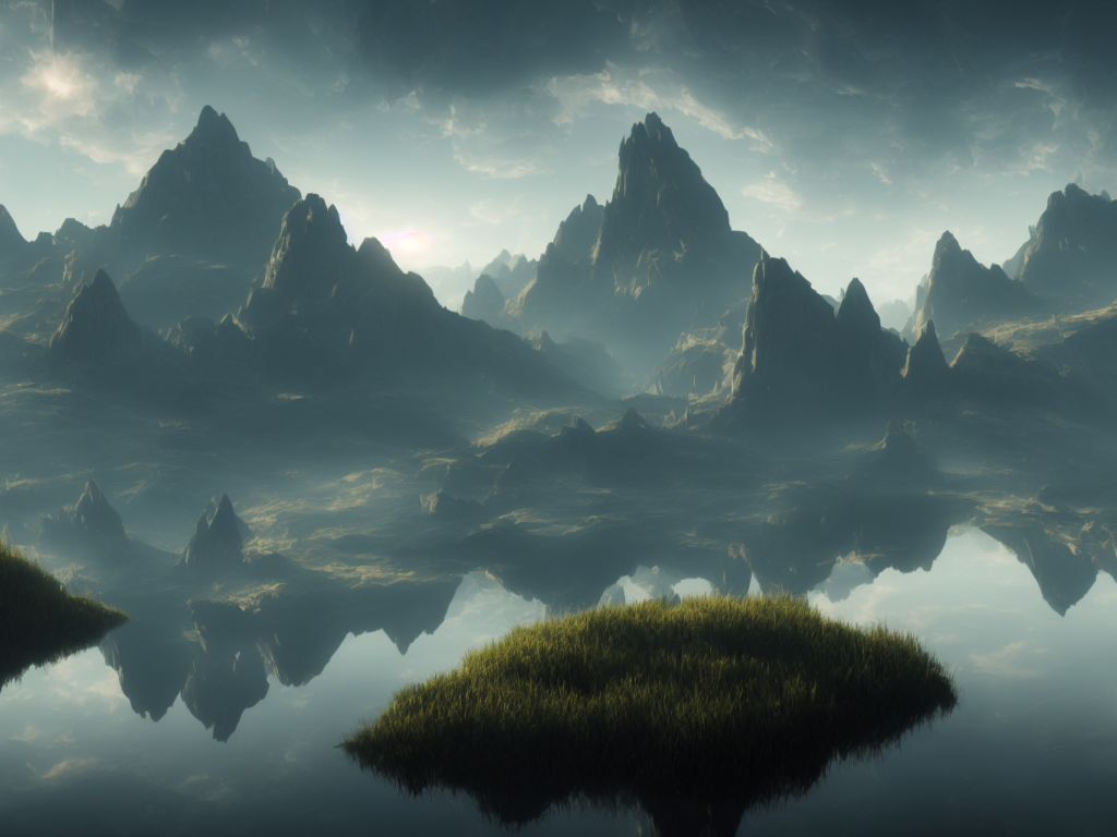 Beautiful render of an alien landscape, iridescent tesseracts, geometric shapes, fractals, glass, unreal engine, first light