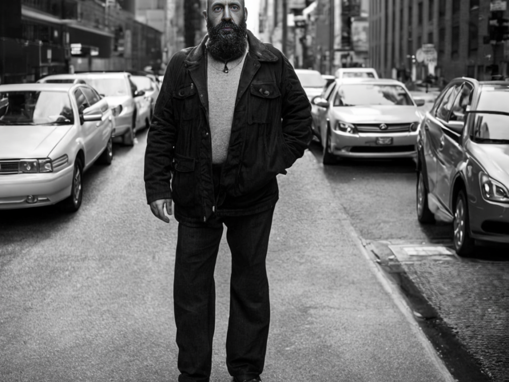 Portrait of middle aged man with a beard walk on the street of new york, monochrome, by charlotte grimm, natural light, detailed