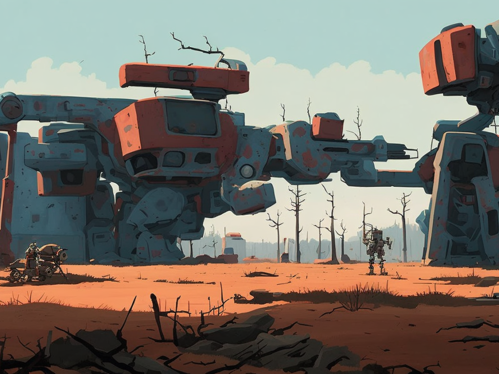 A landscape by simon stalenhag of a very large realistic highly detailed imposing robotic mechanical cat, stranded alone