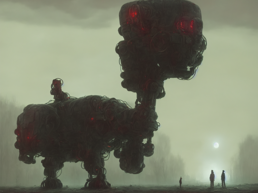 A landscape by simon stalenhag of a very large realistic highly detailed imposing robotic mechanical cat, moody, dark, fog!