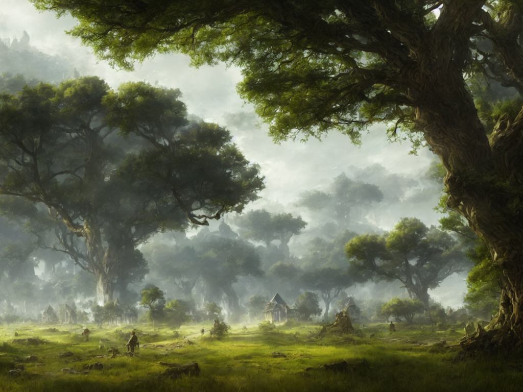 Lush farmland outside a beautiful elven city made of white marble, anime, lush trees, a fantasy digital painting