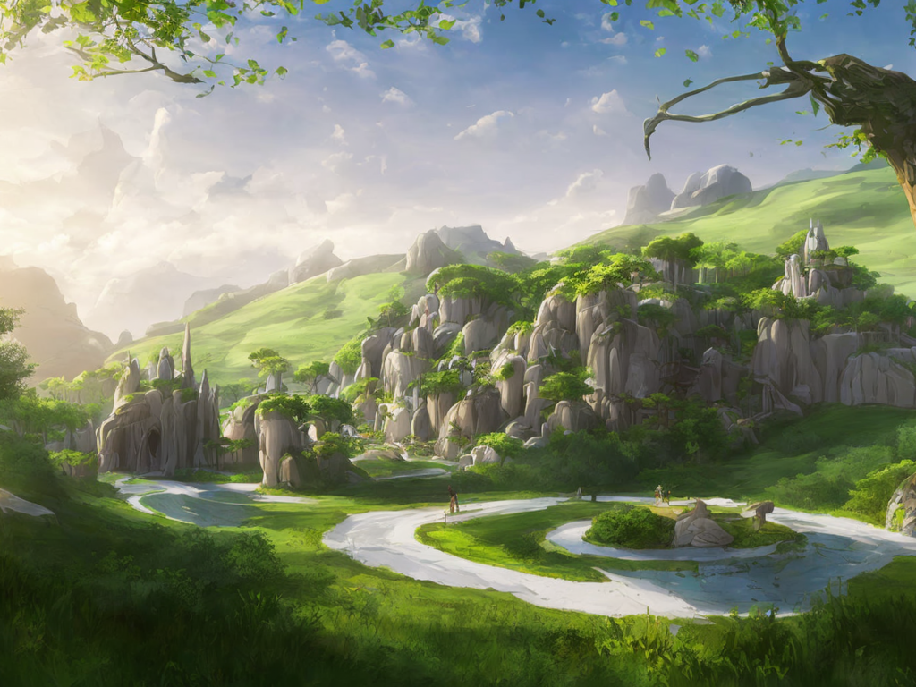 Lush farmland outside a beautiful elven city made of white marble, anime, lush trees, a fantasy digital painting by greg rutkows