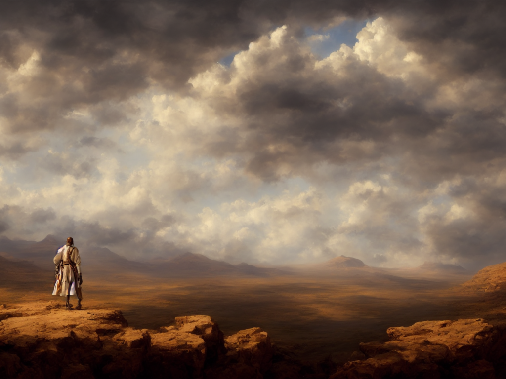 Excellent painted daemon in a wide epic beautiful landscape somewhere in africa with fluffy clouds, painted by hans fredrik gude