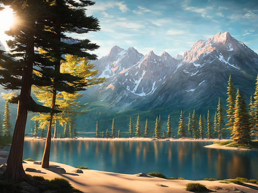 A lake surrounded by tall pine trees with a mountain in the distant background, some grass in the first plan, a detailed matte