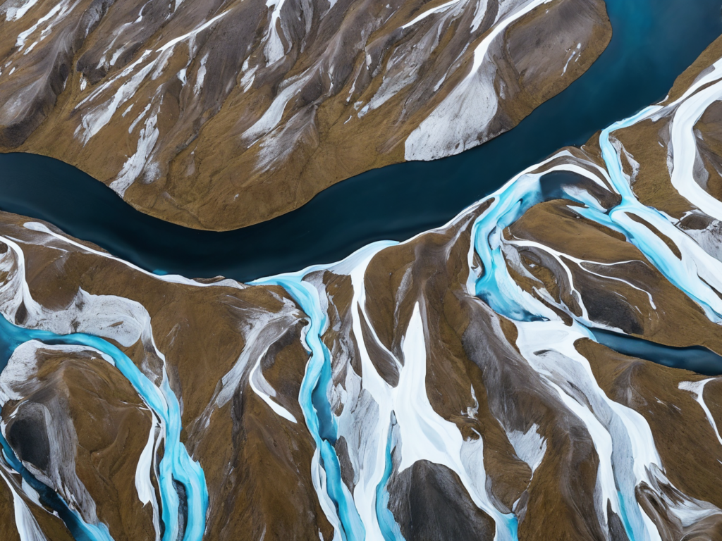 Iceland glacial rivers, aerial photo from above, wide-angle, insanely detailed, desaturated, ultra realistic, ((sharp)), 8k!, moody, hyperrealism!!, masterpiece, octane render, unreal engine, sharp focus