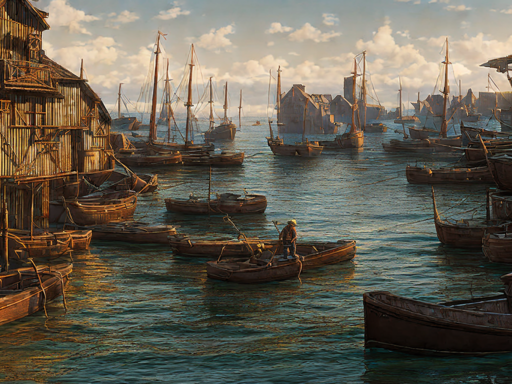 Old harbour, tone mapped, shiny, intricate, cinematic lighting, highly detailed, digital painting, artstation, concept art