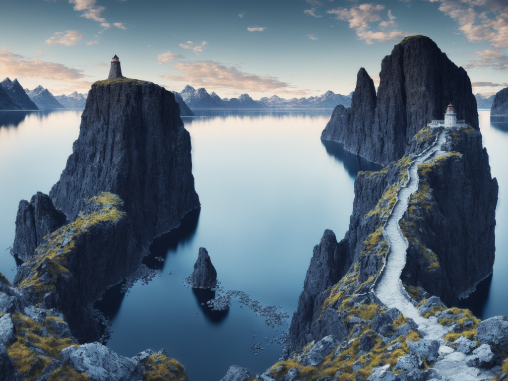 Photography of a landscape with a lake, centered path leads to the lighthouse, one detailed Lighthouse in the middle
