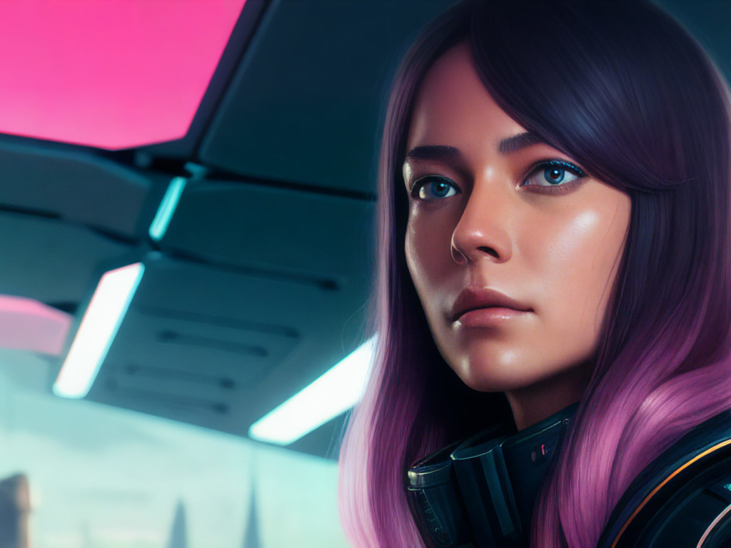 Cyberpunk mercenary face portrait in foreground, inside futuristic space dock with space ships and people, futuristic epic tall buildings in background