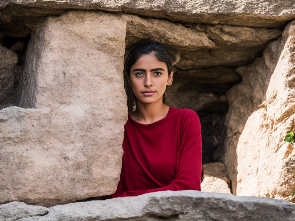Young Afghan girl with green eyes, Upper body portrait,stone wall in the background