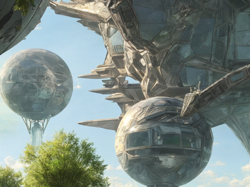 Glass in the sky, beautiful landscape, highly detailed, machine planet, buildings, prismatic, alien utopia, metallic surface