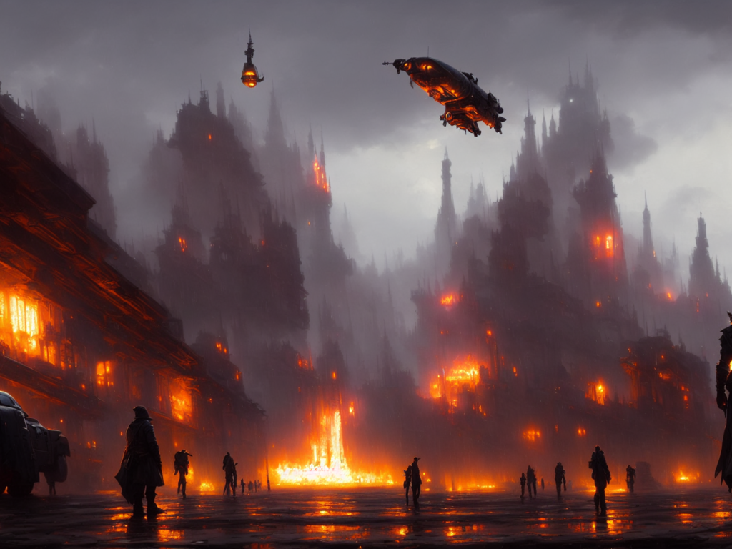 A landscape with a dystopian spaceport, rain, oily puddles, mechanics, crates and parts on the ground, overalls
