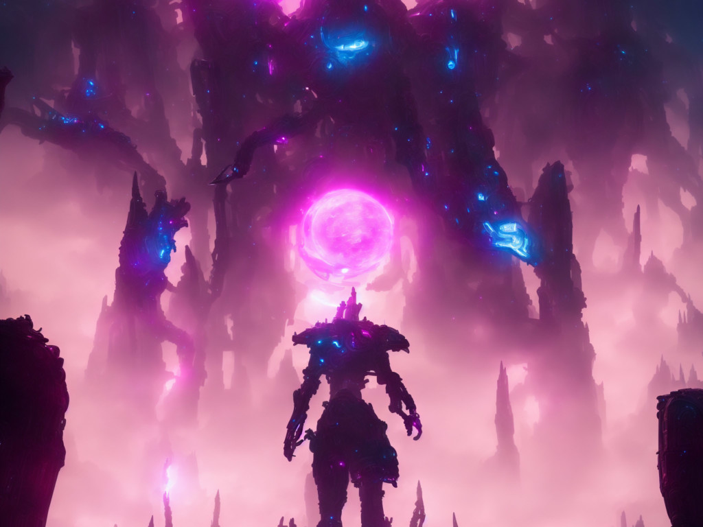 Alien temple, beautiful landscape, nier automata, protoss!!, machine planet, glass obelisks!!, glow, mothership in the sky